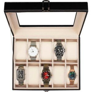 Watch Box, 10 Slot Watch Case with Real Glass Lid, Watch Display Case